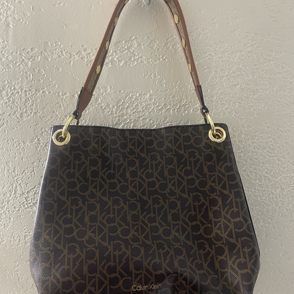Y2K Calvin Klein Brown Monogram‎ Tote Shoulder Bag